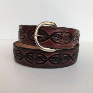 VVtg Western Hand Tooled Brown Leather Belt Silver Buckle Metamorphosis 32"-30"
